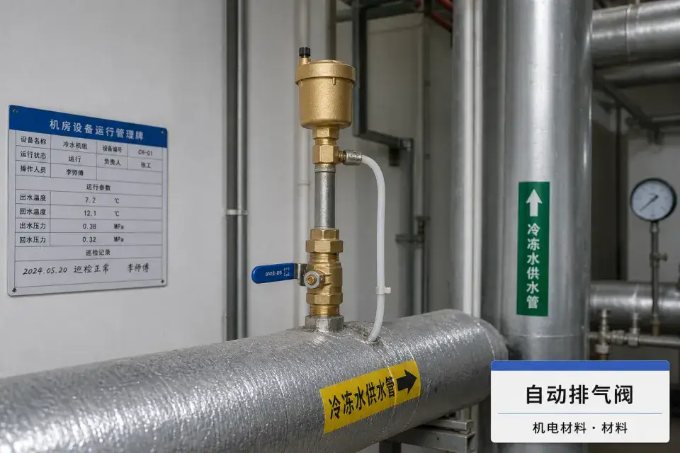 机房高点自动排气阀现场实拍图（含中文标识牌）