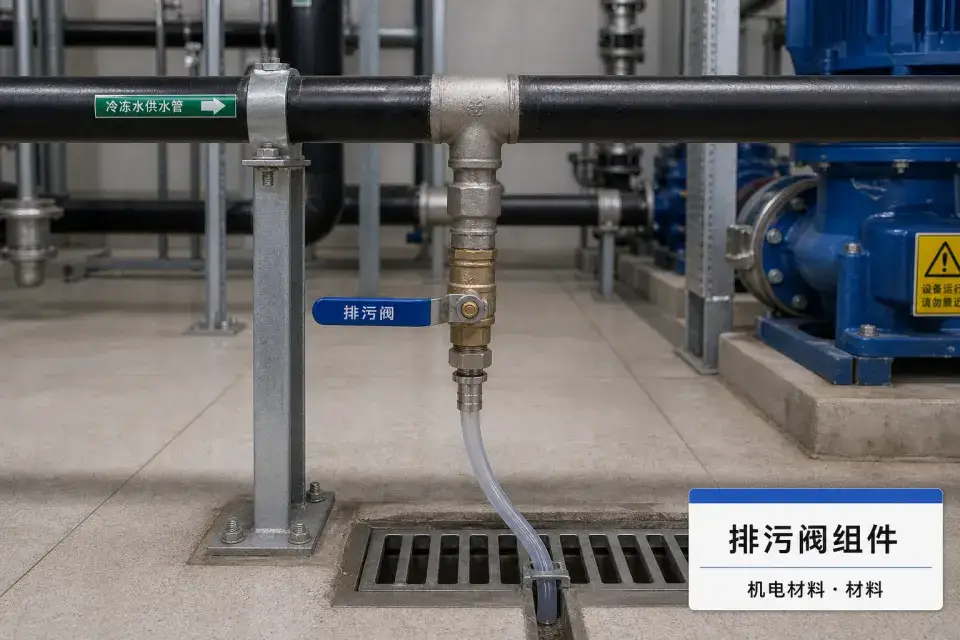 机房低点排污阀组件现场实拍图（含中文标识牌）