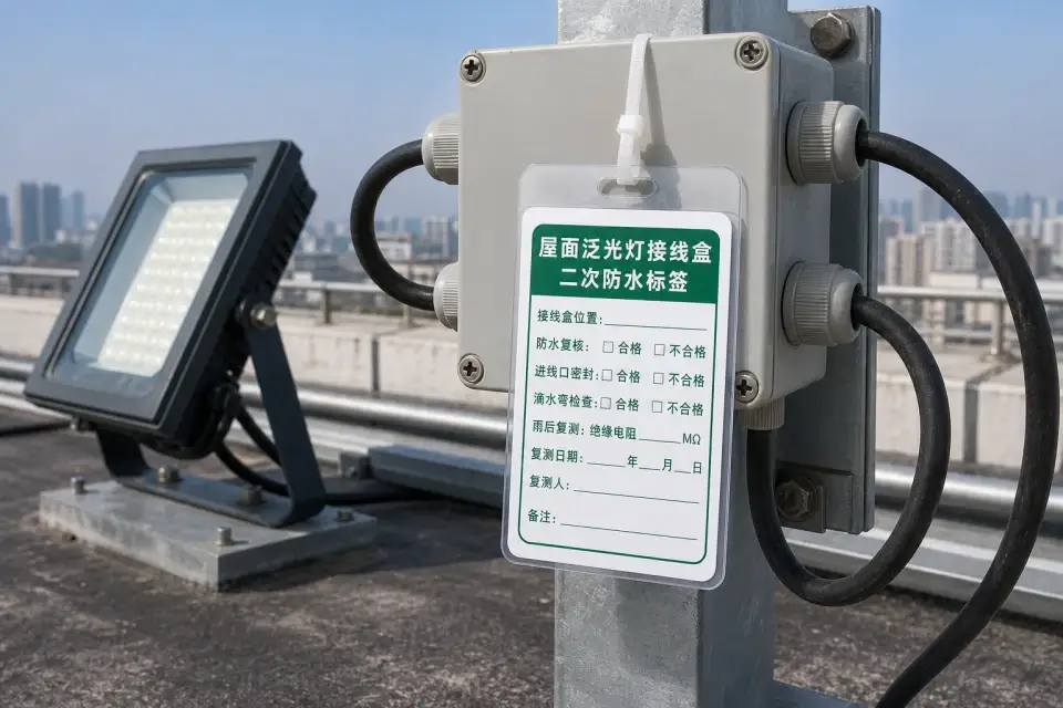屋面泛光灯接线盒二次防水标签实拍参考图